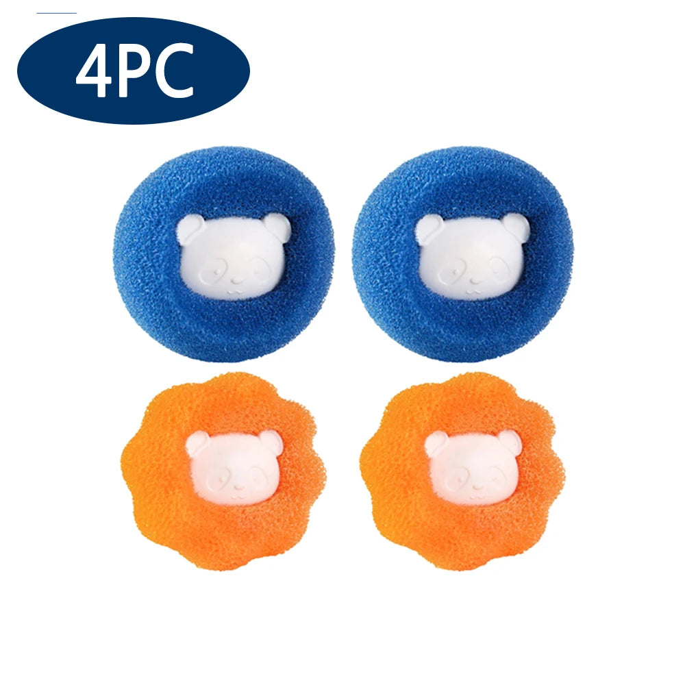 Four reusable laundry balls for pet hair and lint removal, shown in blue and orange colors.