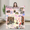 A pink and purple patterned microfiber fleece throw blanket featuring various photos and text designs.