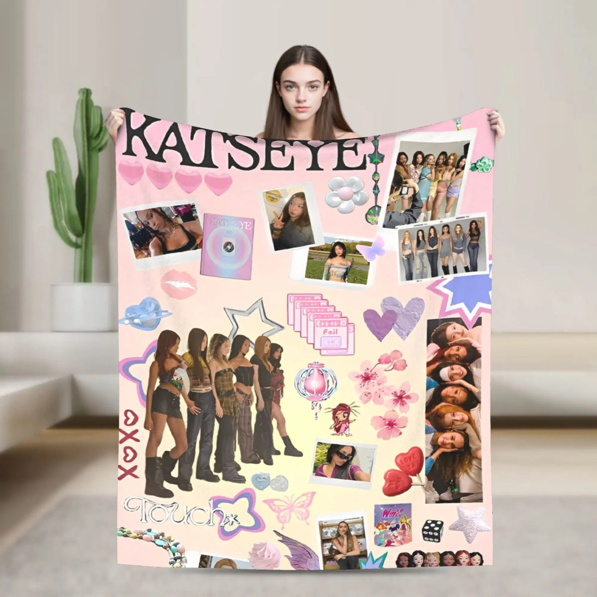 A pink and purple patterned microfiber fleece throw blanket featuring various photos and text designs.