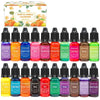 A collection of liquid candle dye kits in various colors including purple, orange, pink, green, and brown for soap and candle