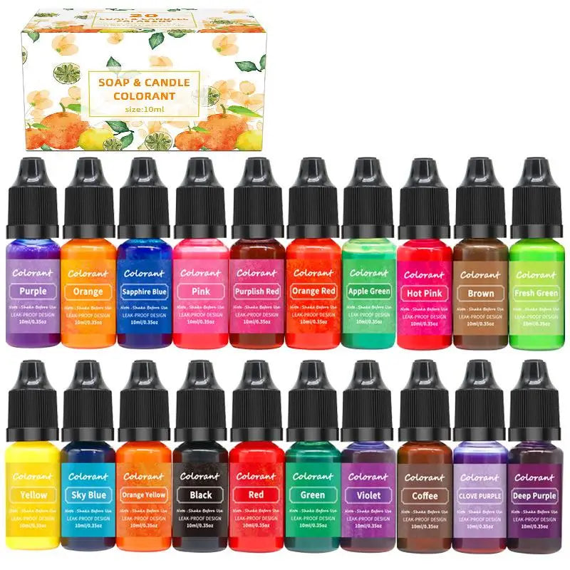 A collection of liquid candle dye kits in various colors including purple, orange, pink, green, and brown for soap and candle