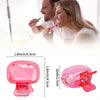 Pink portable toothbrush head covers with clips shown next to a woman and man smiling