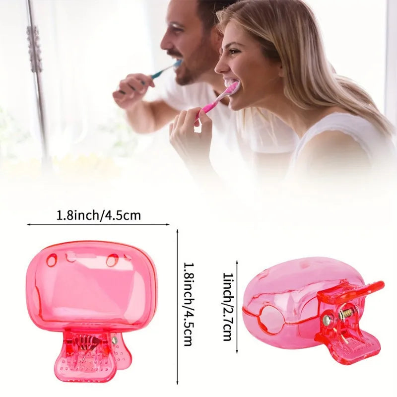 Pink portable toothbrush head covers with clips shown next to a woman and man smiling