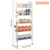 A tall, round tube style storage rack with multiple tiers for organizing various bottles and containers.