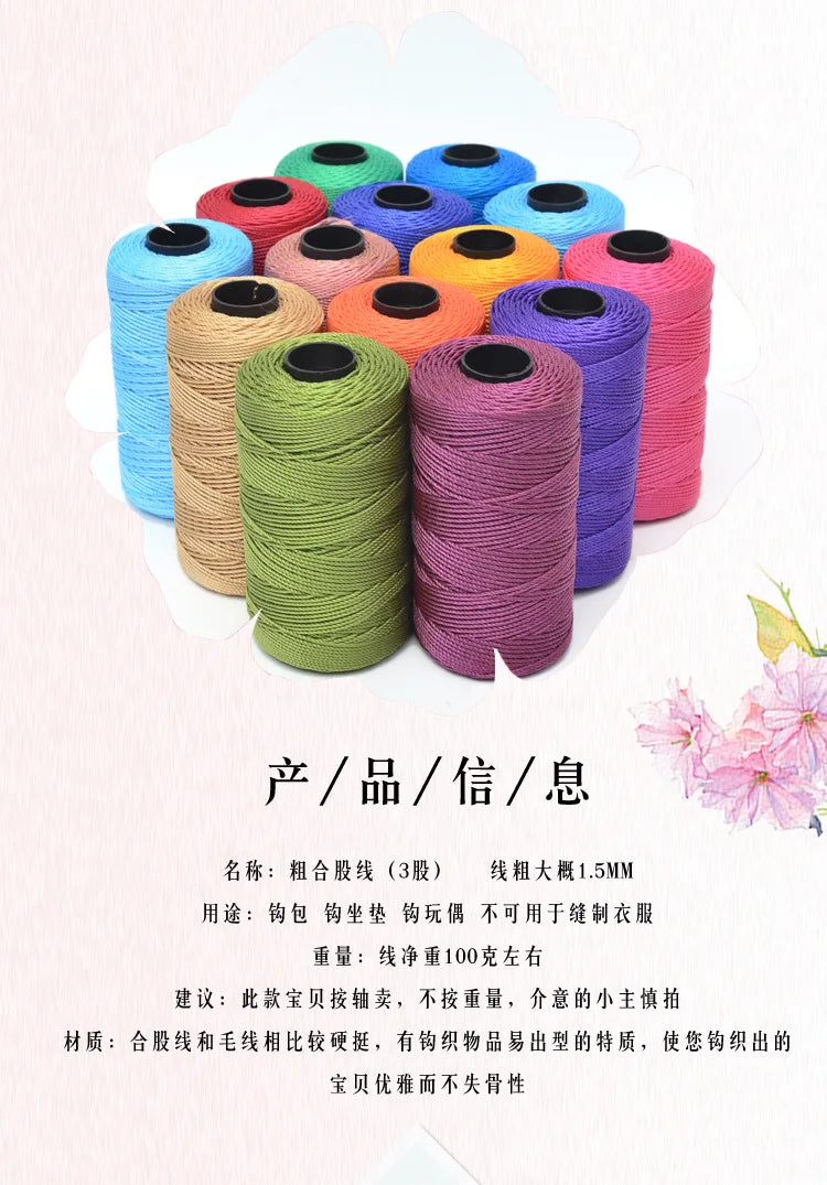 A collection of colorful 3-ply polyester knitting yarn spools in various shades including blue, green, orange, and purple.