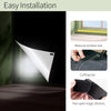 A white, triangular window film is shown next to tools for measuring and cutting, demonstrating easy installation.