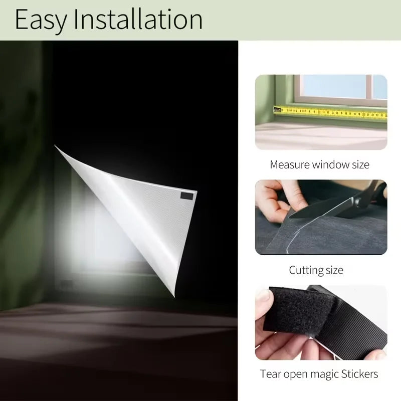 A white, triangular window film is shown next to tools for measuring and cutting, demonstrating easy installation.