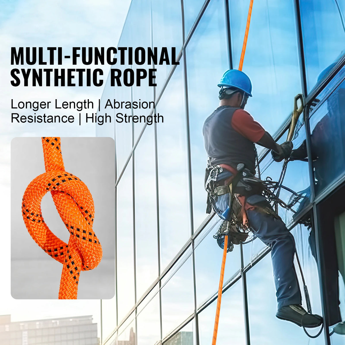 A person is using a multi-functional synthetic rope for climbing or rigging against a modern glass building.