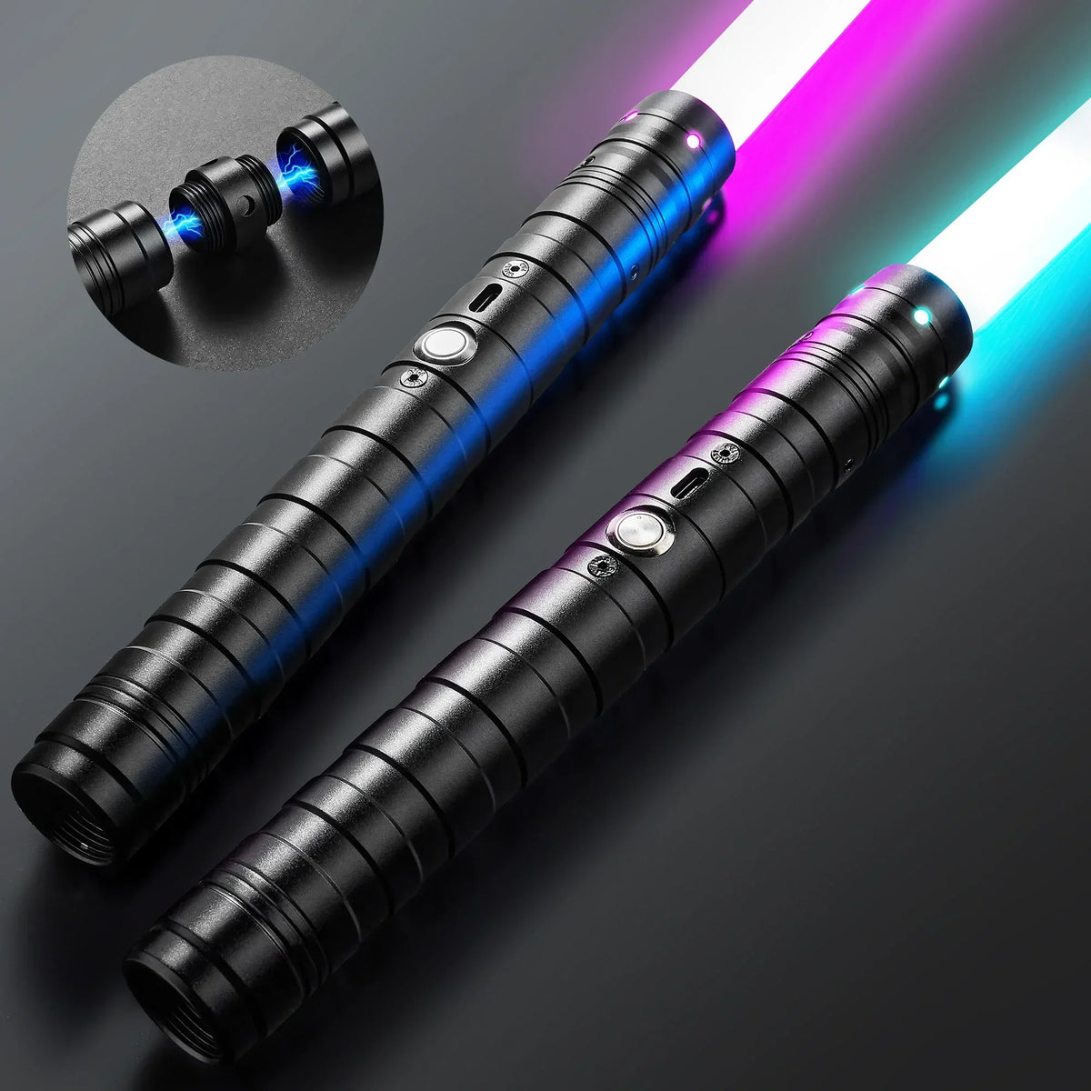 A black lightsaber with a glowing purple and white blade is shown against a dark background.