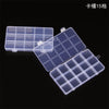 A transparent multi-compartment storage box with fixed dividers, shown in various angles.