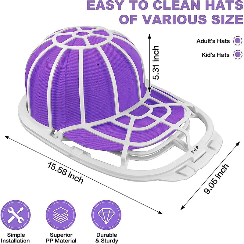 Purple hat protector cage designed for easy cleaning of various size hats.