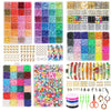 A colorful kit of polymer clay beads and letters for DIY jewelry making, featuring various colors and shapes.