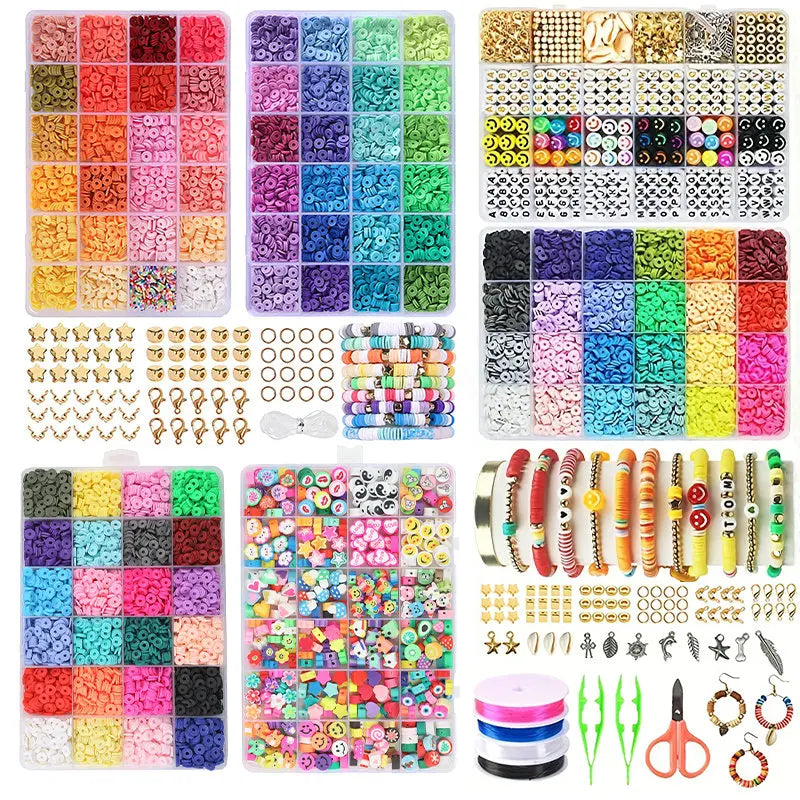 A colorful kit of polymer clay beads and letters for DIY jewelry making, featuring various colors and shapes.