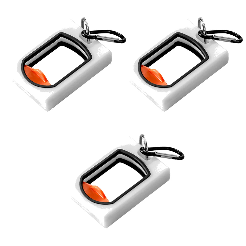 White cable tie organizer with black and orange accents and a carabiner clip.