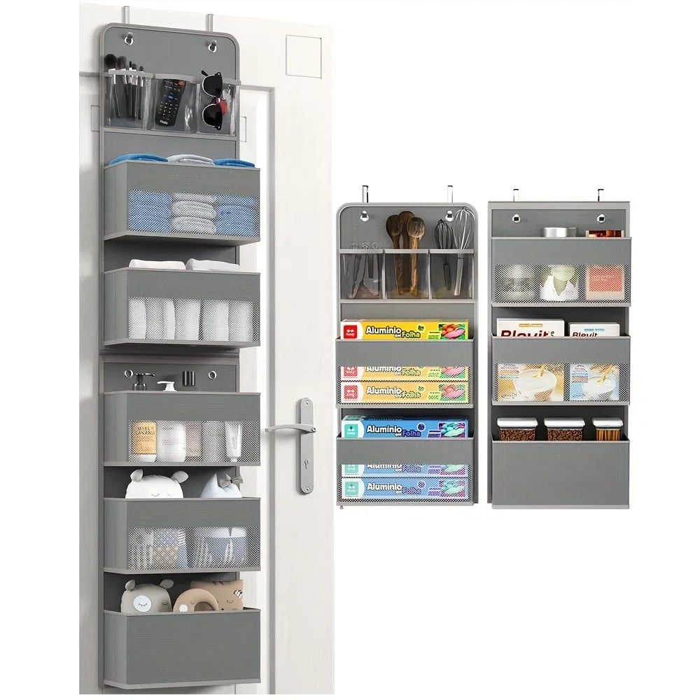 A gray over-the-door hanging organizer with five mesh pockets for storing various items.