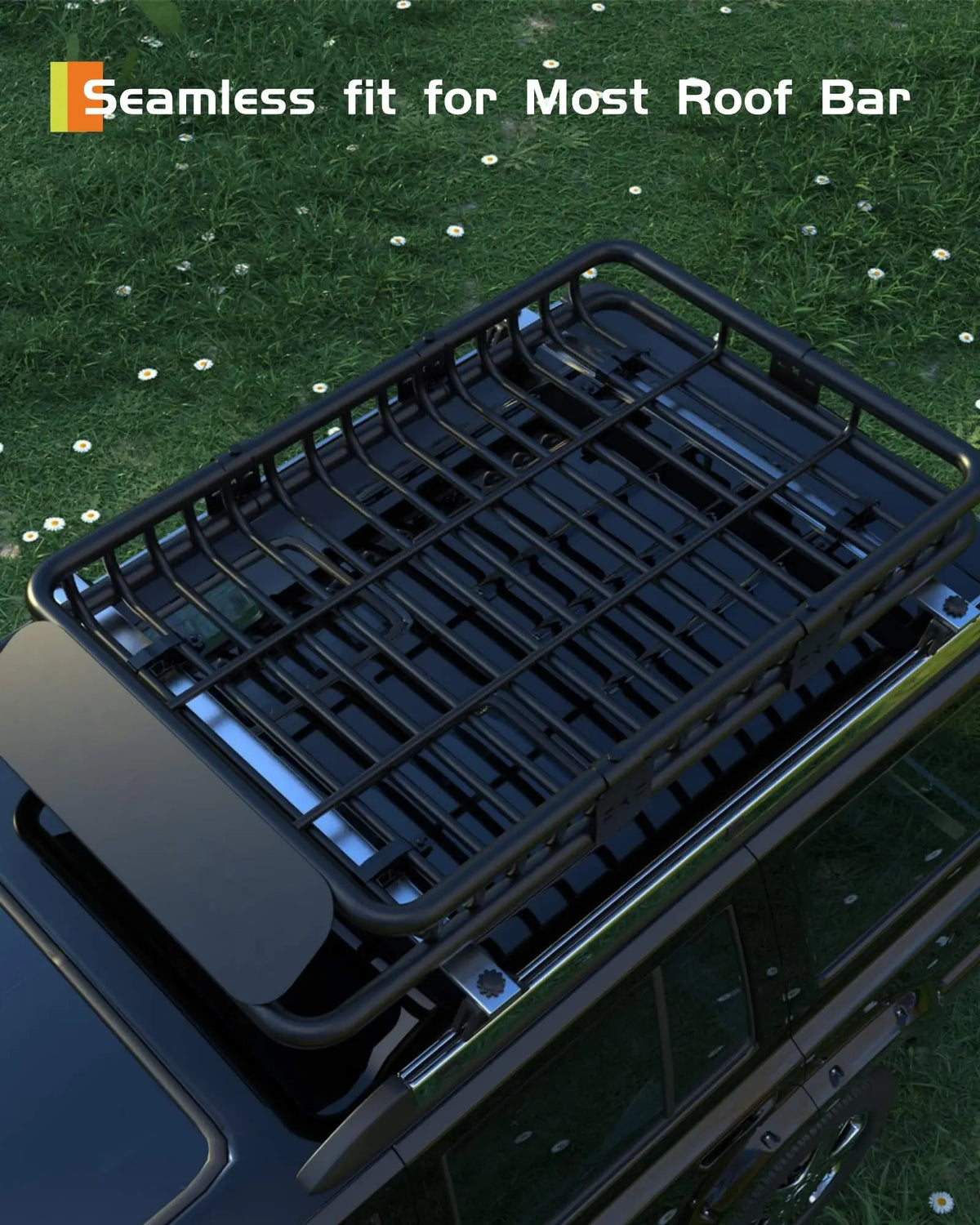 A close-up view of a black heavy-duty roof bar cargo basket installed on a vehicle, designed for a seamless fit.