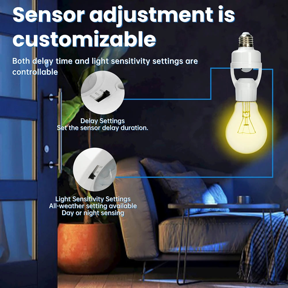A close-up of a sensor adjustment feature showing delay and light sensitivity settings on an E27 lamp holder.