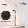 A beige automatic compact folding umbrella with a double fiber bone visible against a light background.