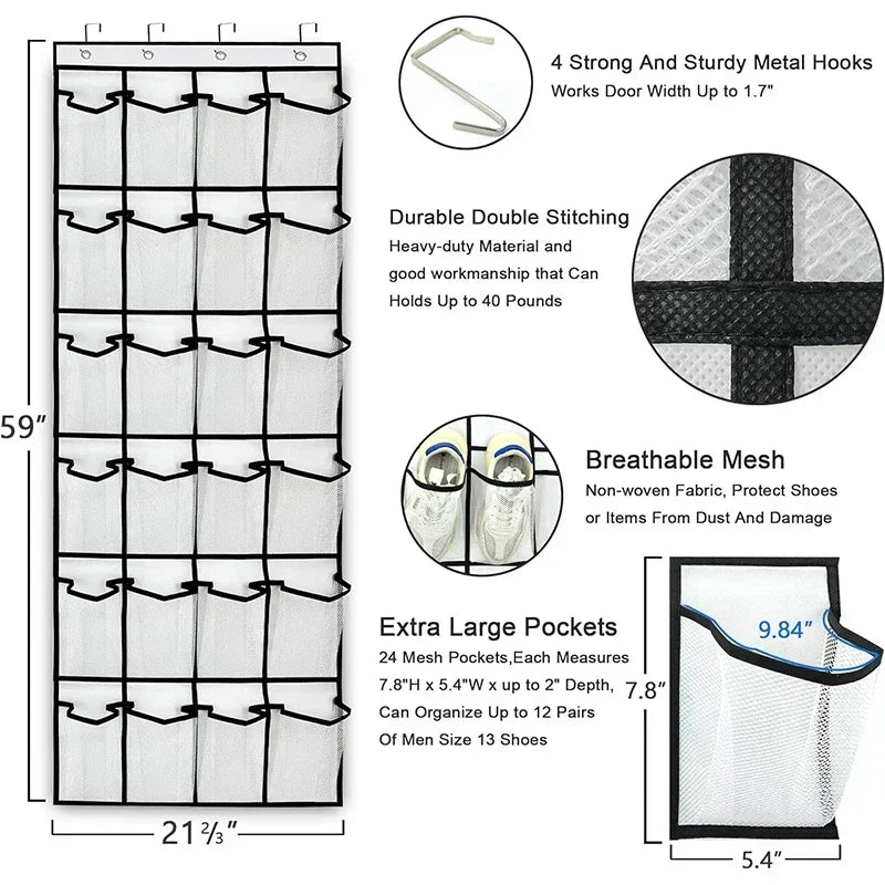 White over-the-door mesh shoe organizer with durable stitching and large pockets for shoes.