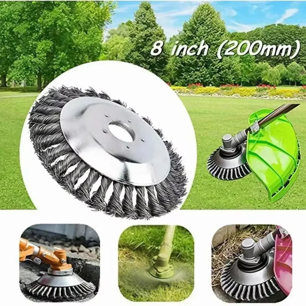 A heavy-duty steel wire wheel brush for lawn mowers and trimmers shown in various applications.
