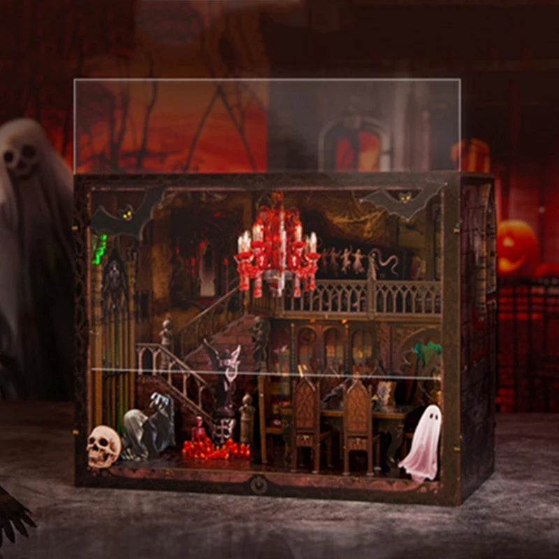 A wooden book nook kit featuring a spooky Halloween miniature shelf insert with red LED lights and gothic details.
