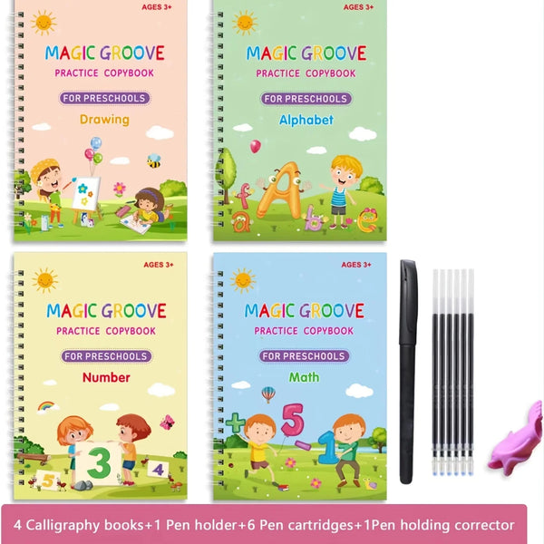 مجموعة من أربع كراسات تدريب لـ 'Magic Groove' للأطفال ما قبل المدرسة تتضمن أنشطة رسم وحروف وأرقام.