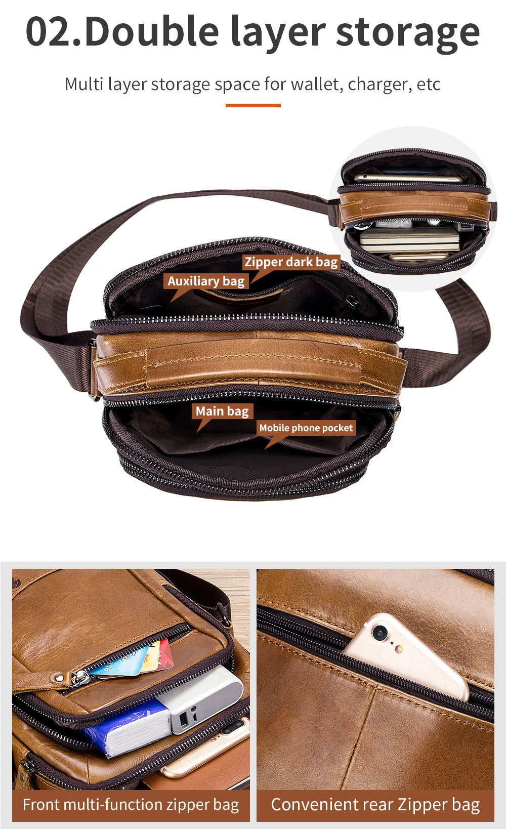 A brown leather crossbody bag showing a front multi-function zipper and a convenient rear zipper.