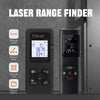 A black laser range finder device is shown next to its battery, with measurement options displayed on the screen.