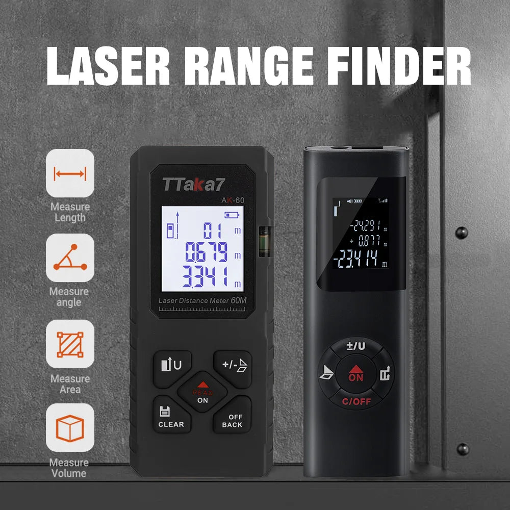 A black laser range finder device is shown next to its battery, with measurement options displayed on the screen.