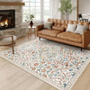 A vintage floral soft area rug featuring muted colors and botanical patterns in a living room setting.
