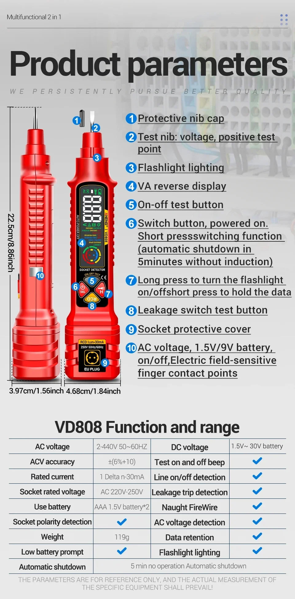 Socket Tester with AC/DC Voltage Detection and Polarity Check