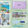 A collection of diamond painting materials including a box, diamond set, wax, pen sleeve, pen, tray, and acrylic display stan