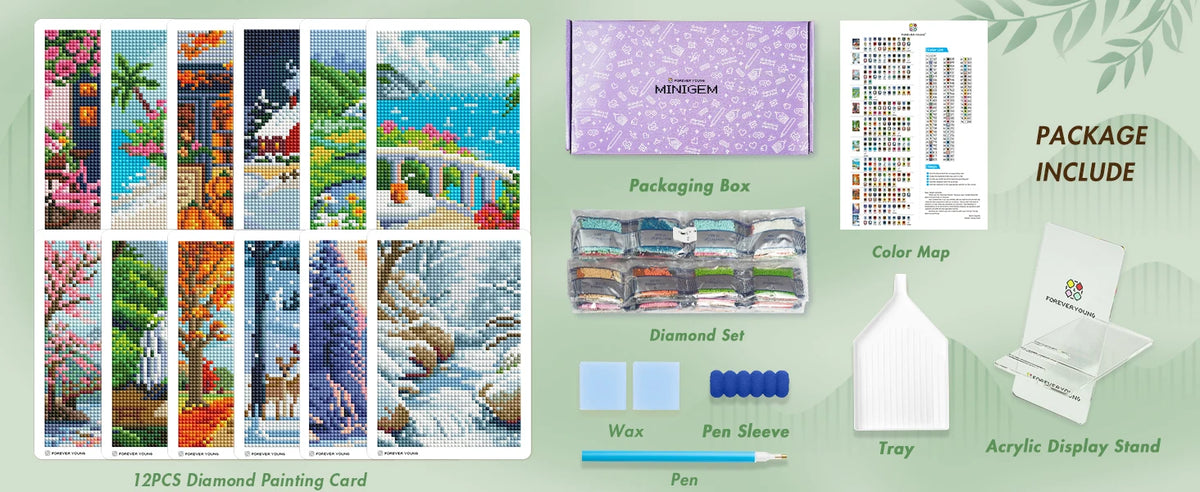 A collection of diamond painting materials including a box, diamond set, wax, pen sleeve, pen, tray, and acrylic display stan