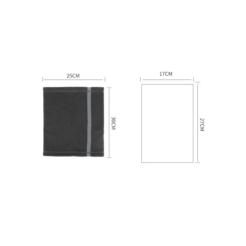 A dark gray reflective polar fleece neck warmer shown with dimensions 25cm wide and 30cm high.