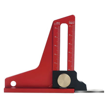 A red precision aluminum height setting gauge with a graduated scale used for table saws and router tables.