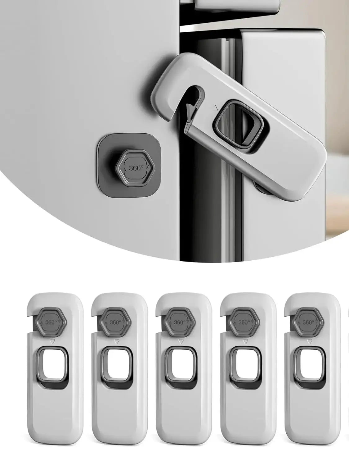 Six white child safety refrigerator locks with a 360 degree turn mechanism shown in various views.