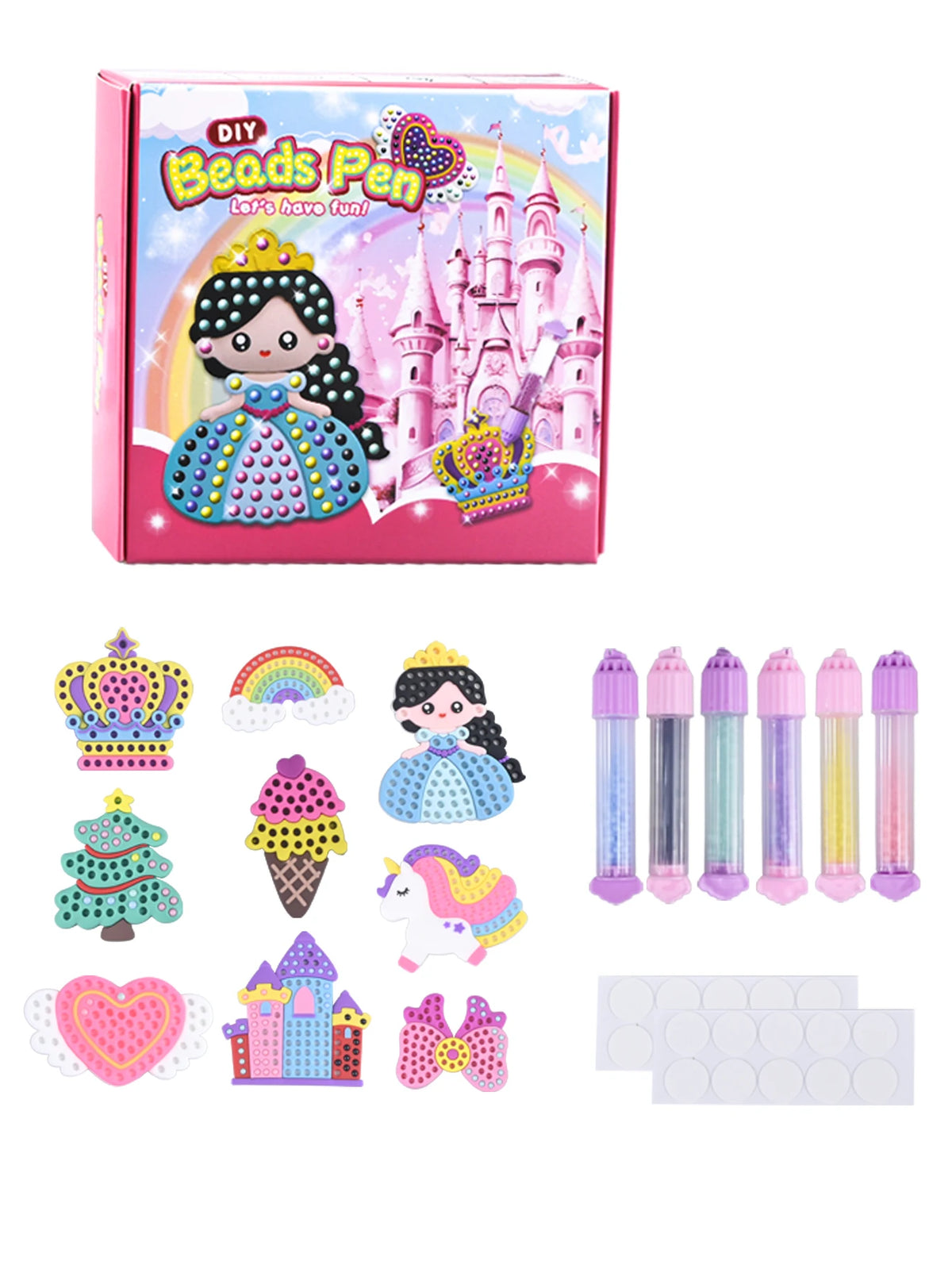 A DIY beaded pen craft kit featuring princess and rainbow designs including a character, various beads, and decorative elemen
