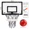A portable mini basketball hoop set featuring a foldable blue frame, a red basketball, and hanging sticks.