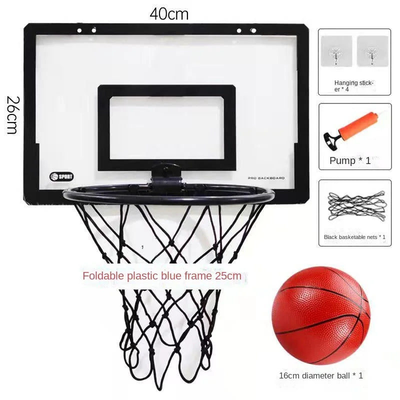 A portable mini basketball hoop set featuring a foldable blue frame, a red basketball, and hanging sticks.