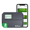 A gray HiJazo 8-zone smart sprinkler controller device next to a smartphone displaying the control app.