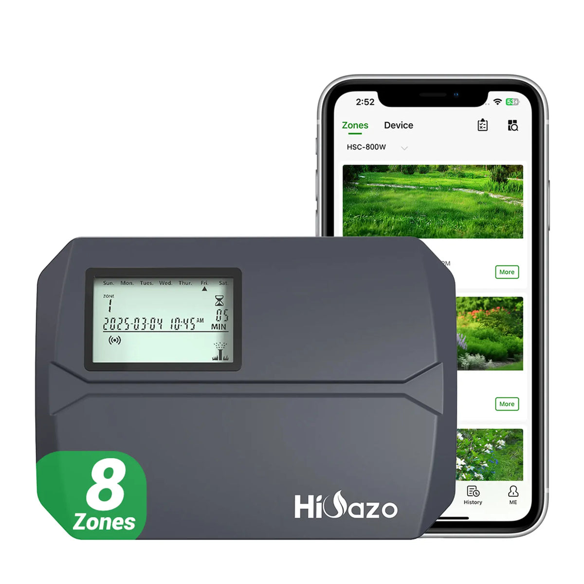 A gray HiJazo 8-zone smart sprinkler controller device next to a smartphone displaying the control app.