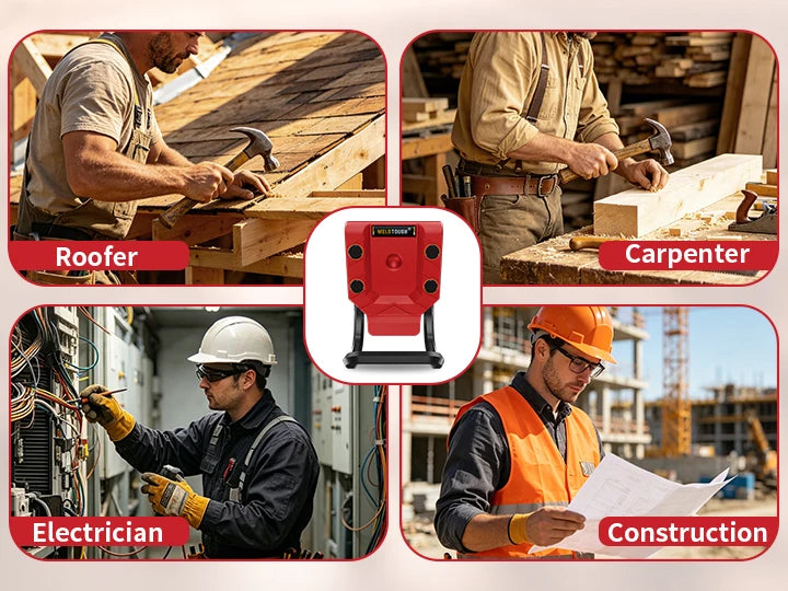 A collage showing various construction trades including a roofer, carpenter, electrician, and construction worker.
