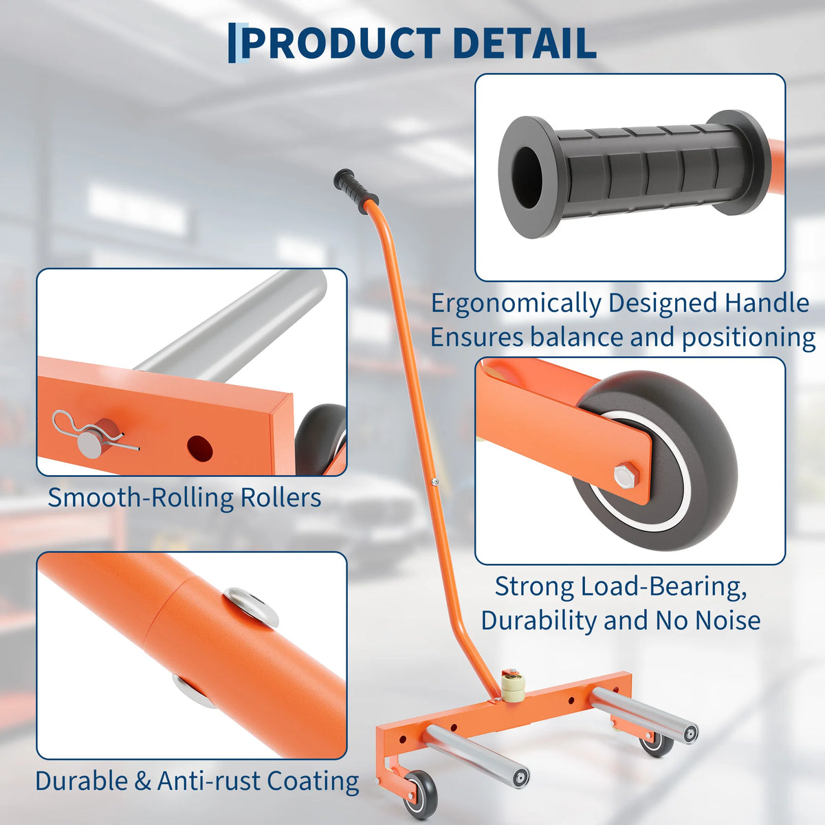 An orange heavy-duty adjustable tire dolly with a smooth-rolling handle and durable anti-rust coating.