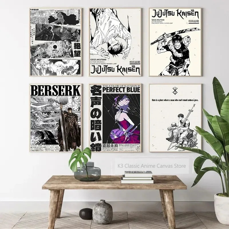 A collection of four minimalist anime canvas wall art posters featuring various characters and dramatic artwork.