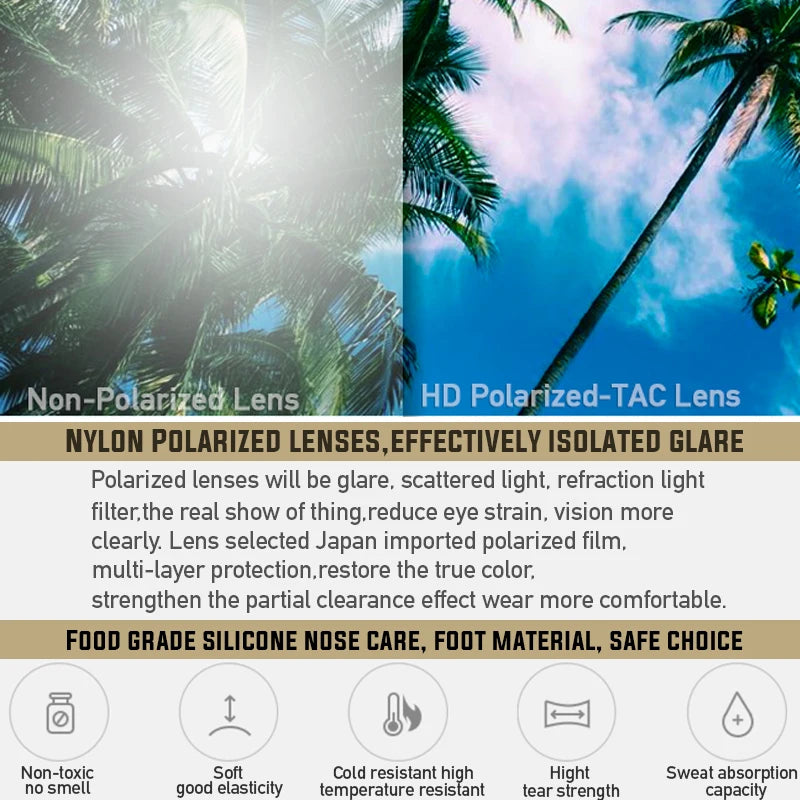Rimless polarized sports sunglasses with a lightweight TR90 frame shown against a tropical background