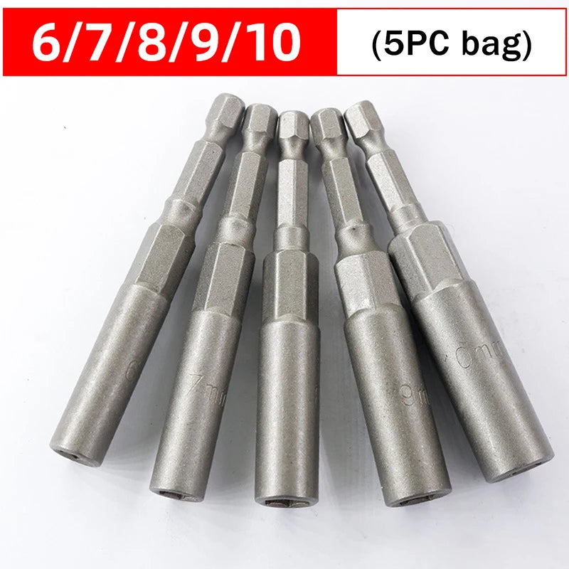 A set of ten stainless steel nut driver bits, numbered 6 through 10, packaged in a bag.