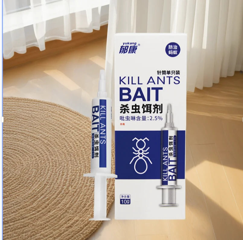 A vertical package of KILL ANTS BAIT gel for complete colony elimination, labeled in Chinese and English.