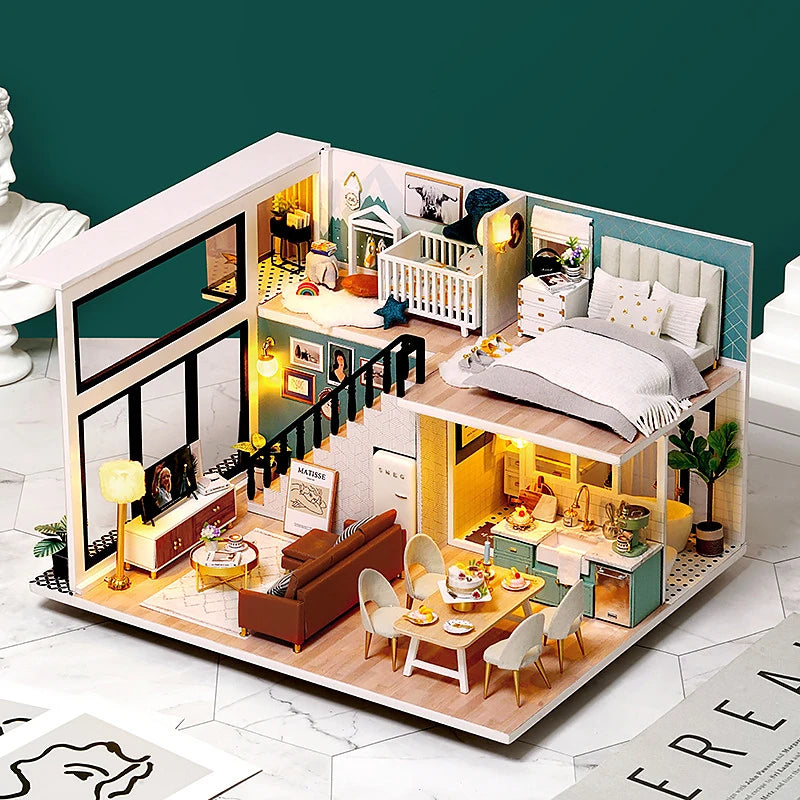 A detailed wooden dollhouse miniature building kit featuring furniture and interior scenes.