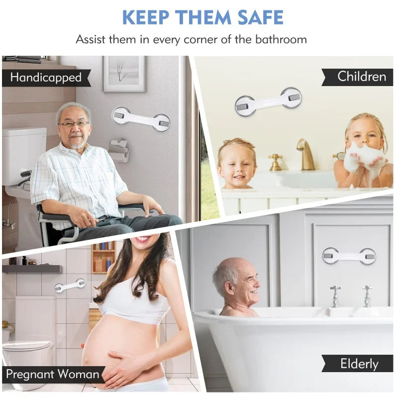 Vacuum suction grab bars for bathroom safety shown in various contexts like for handicapped, children, pregnant women, and el