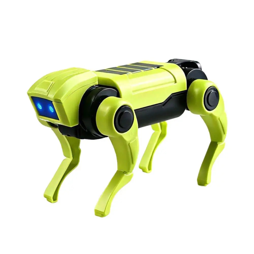 A lime green interactive remote control robot dog with black accents and a solar panel on its back.